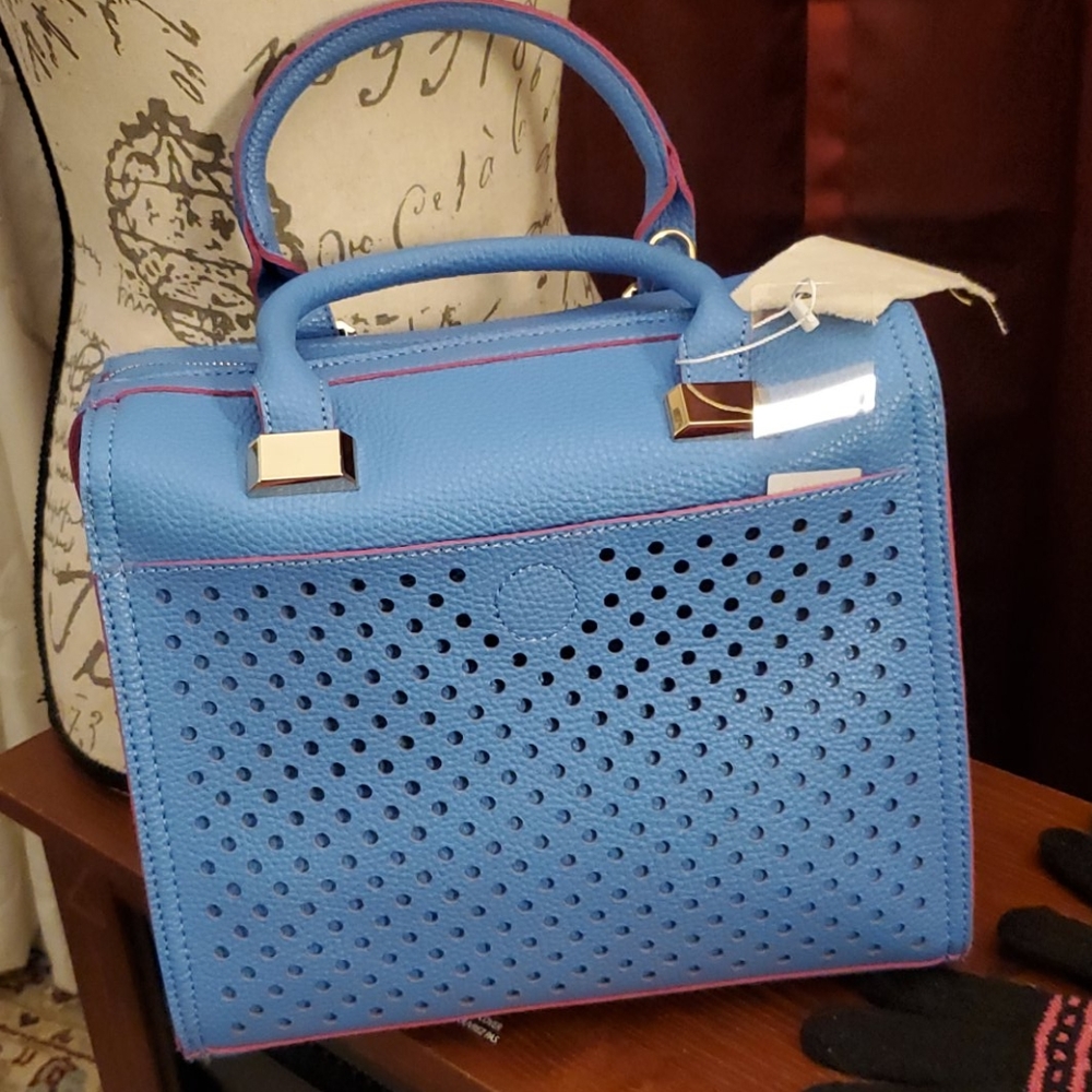 Pink Haley's satchel typBag in blue & pink edging